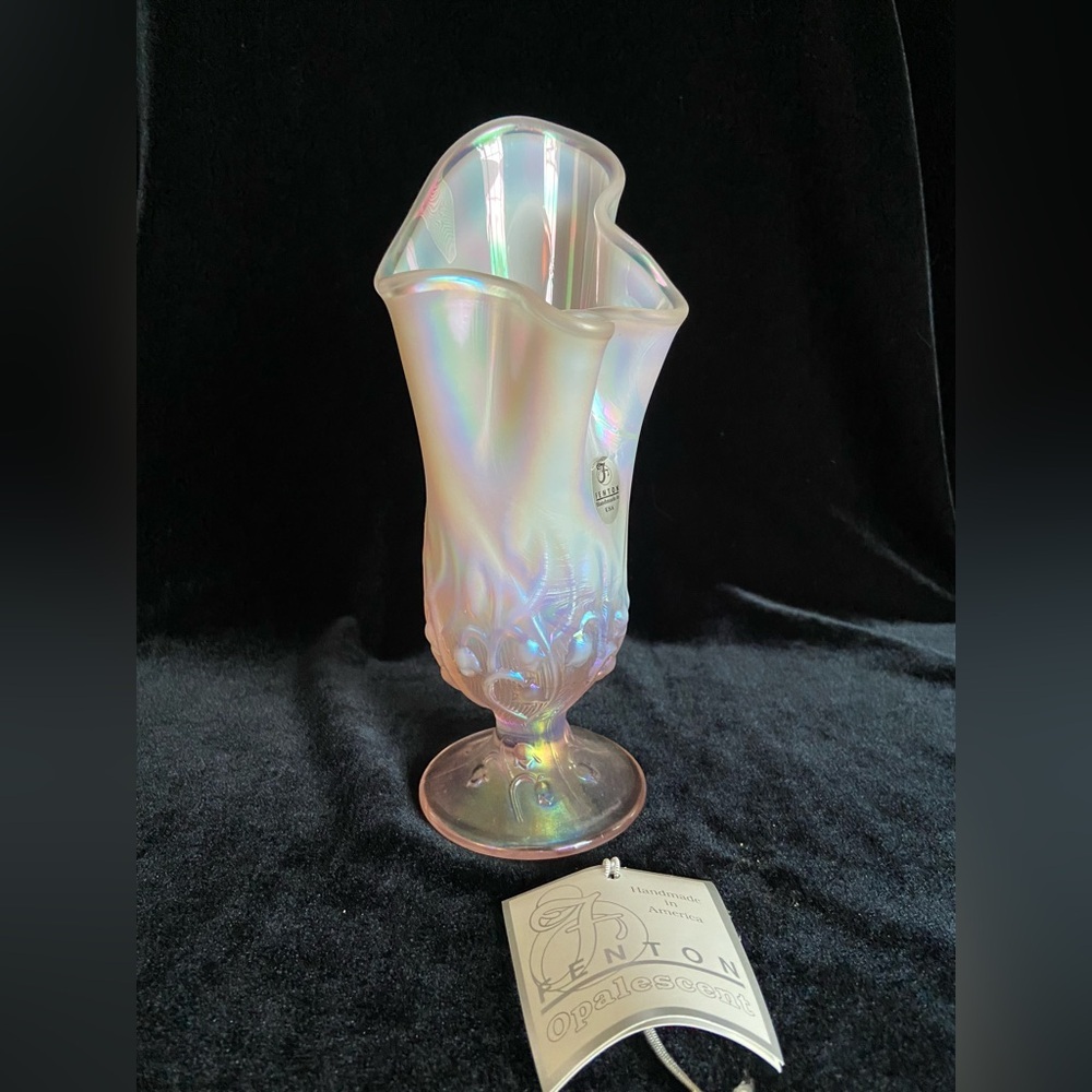 Fenton Pink Opalescent Iridescent Handkerchief Footed Vase Lilly of the Valley